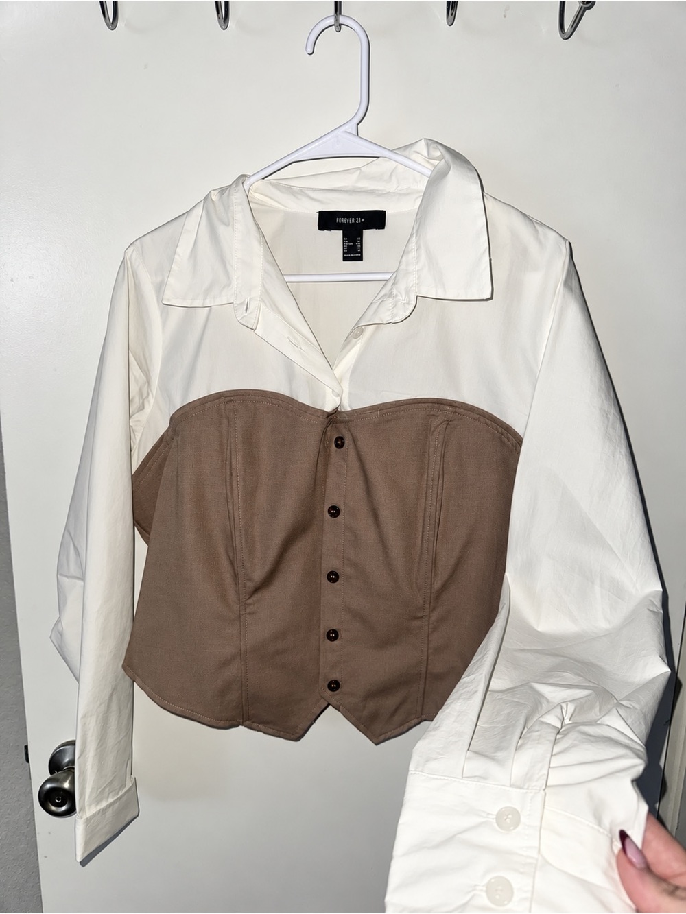 Forever 21 White Shirt with Brown Bustier Overlay